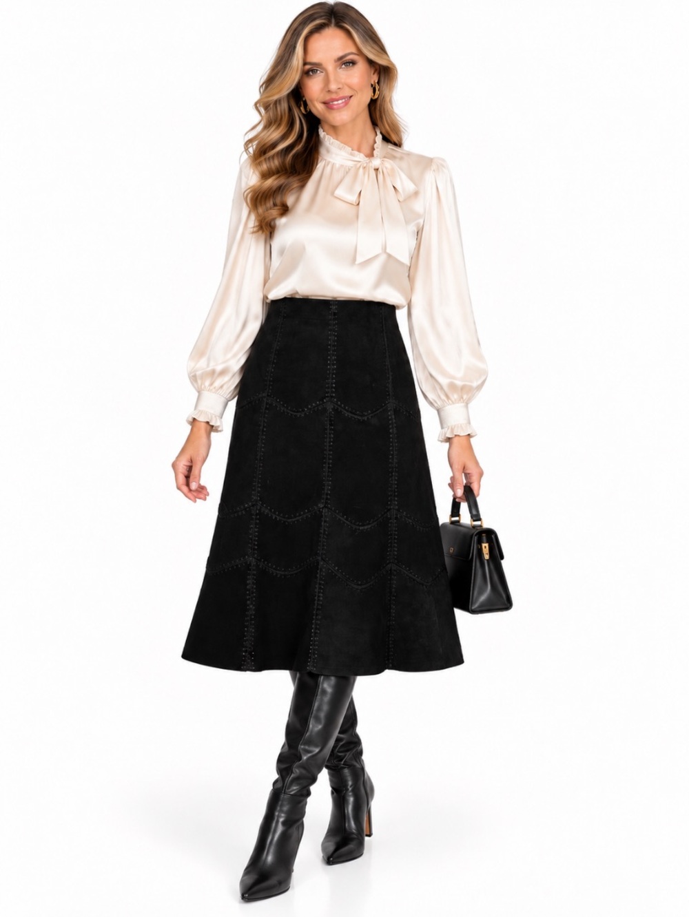 AREA “VTG” Black Suede Patchwork Whipstitch Crochet Midi Skirt Size 12 - Picture 1 of 11